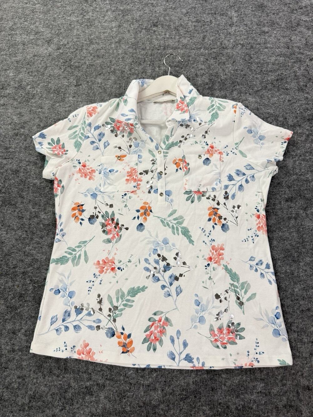 Armand Thiery Polo Shirt Women Large Top Shirt Cloral White Short Sleeve N226